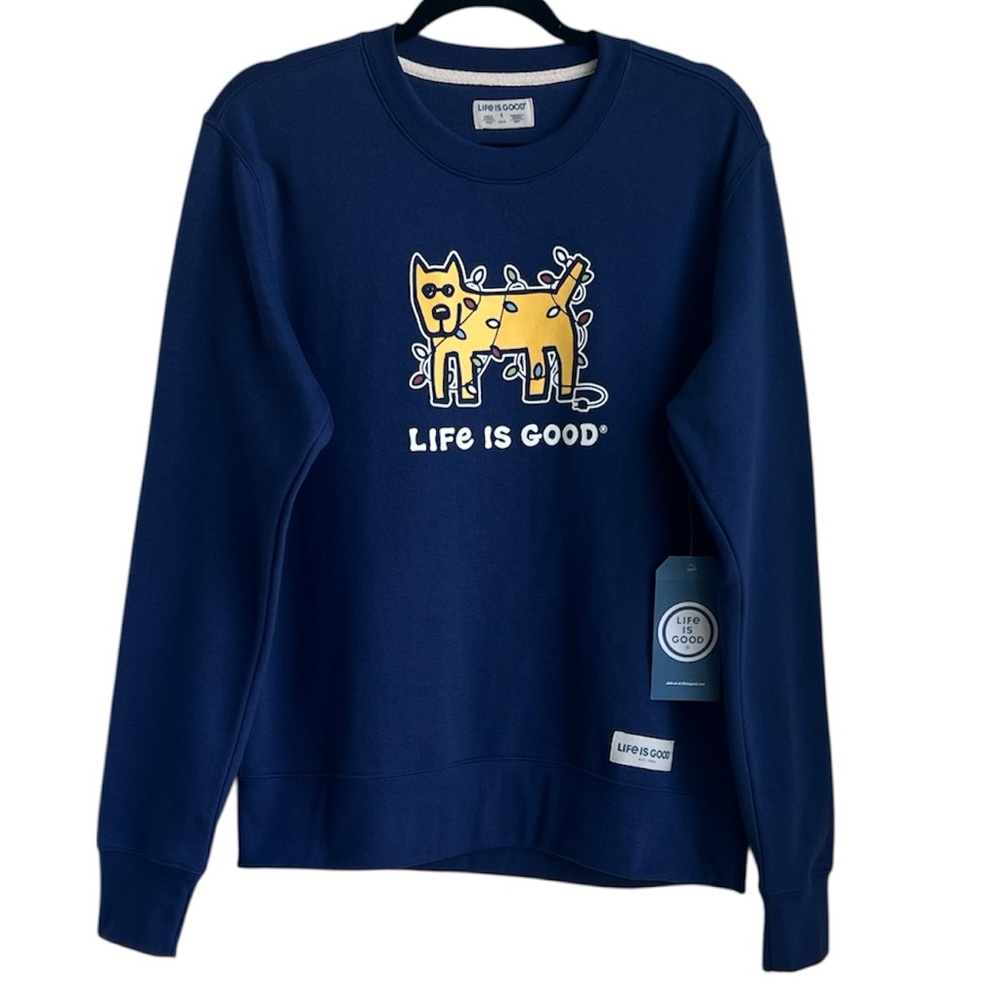 Life Is Good Christmas Dog with Lights Navy Crewneck Sweatshirt Men's Size Small